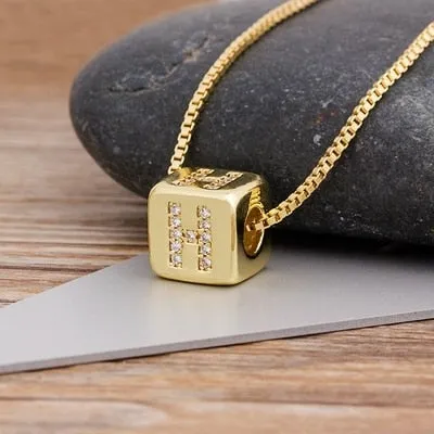 Copper Cube Necklace with Initial A-Z for Women and Men in Gold Color