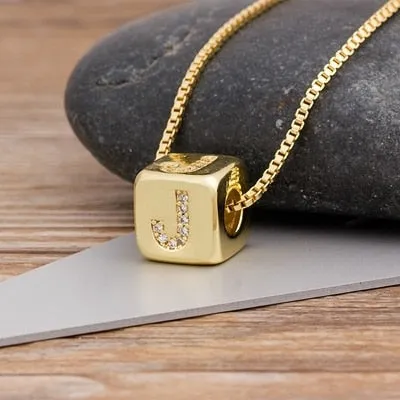 Copper Cube Necklace with Initial A-Z for Women and Men in Gold Color