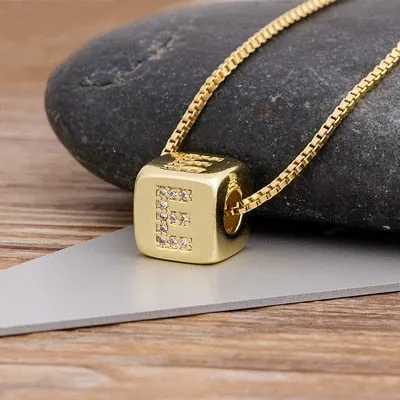 Copper Cube Necklace with Initial A-Z for Women and Men in Gold Color