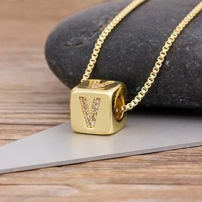 Copper Cube Necklace with Initial A-Z for Women and Men in Gold Color