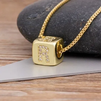 Copper Cube Necklace with Initial A-Z for Women and Men in Gold Color