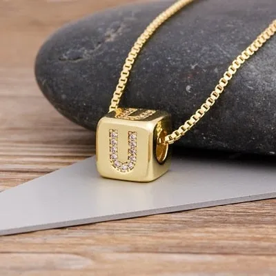 Copper Cube Necklace with Initial A-Z for Women and Men in Gold Color