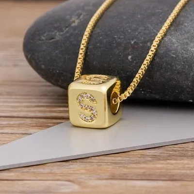 Copper Cube Necklace with Initial A-Z for Women and Men in Gold Color