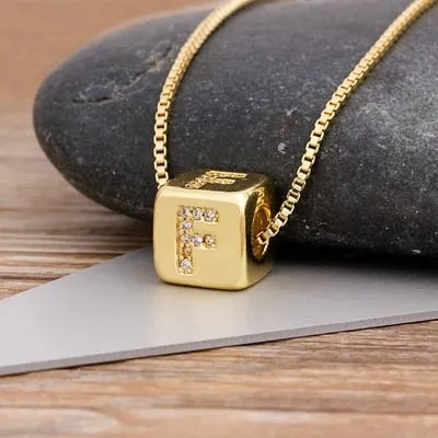 Copper Cube Necklace with Initial A-Z for Women and Men in Gold Color