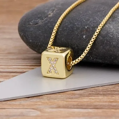 Copper Cube Necklace with Initial A-Z for Women and Men in Gold Color