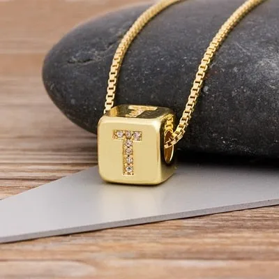 Copper Cube Necklace with Initial A-Z for Women and Men in Gold Color