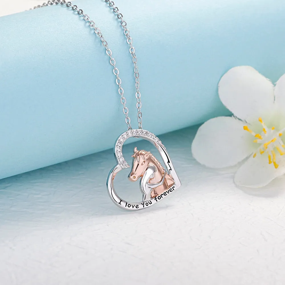 Copper Girls&Horse Necklace Lovely Animal Heart Pendant Necklace Christmas Mother Day