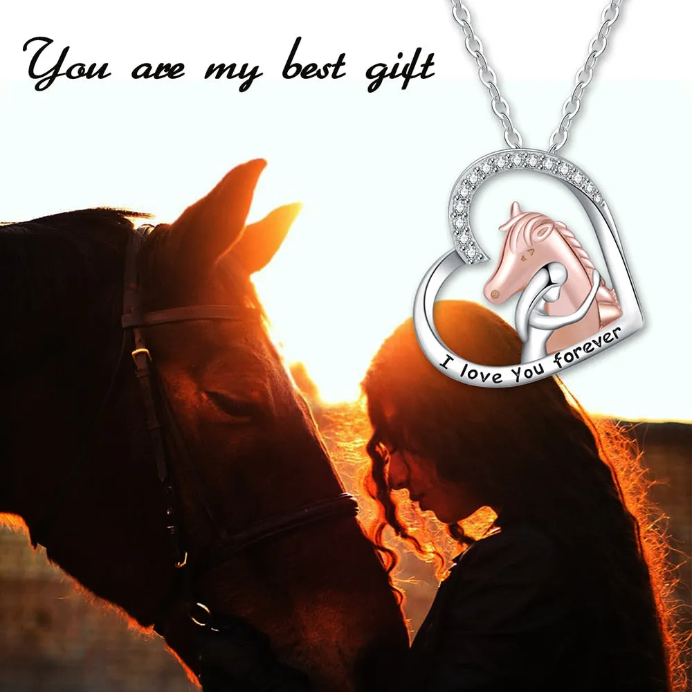 Copper Girls&Horse Necklace Lovely Animal Heart Pendant Necklace Christmas Mother Day