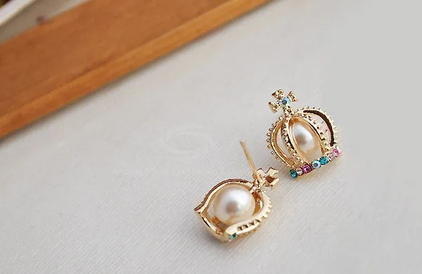 Crown Shape Colorful Rhinestone Stud Earrings