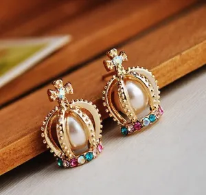 Crown Shape Colorful Rhinestone Stud Earrings