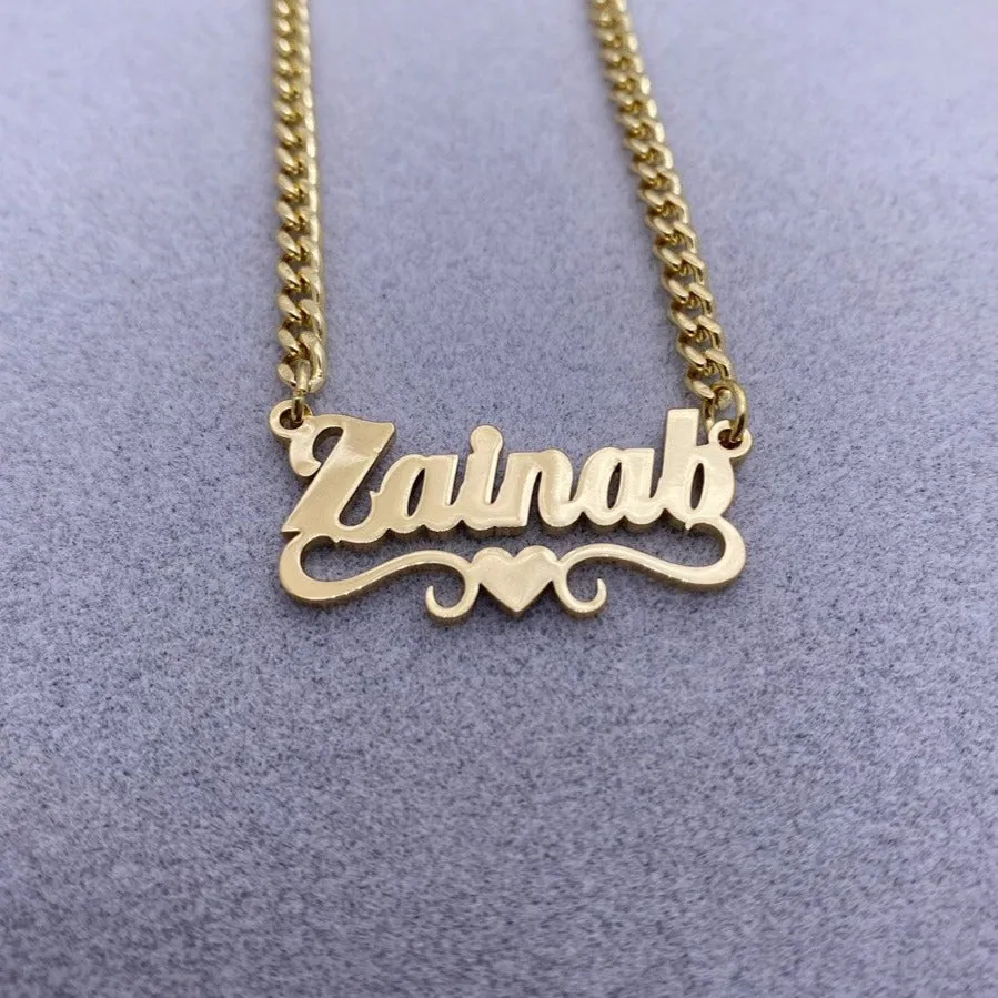 Custom Name Necklace With Heart Stainless Steel Cuban Chain Necklace