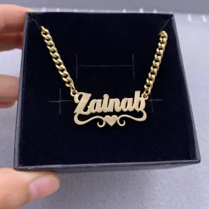 Custom Name Necklace With Heart Stainless Steel Cuban Chain Necklace