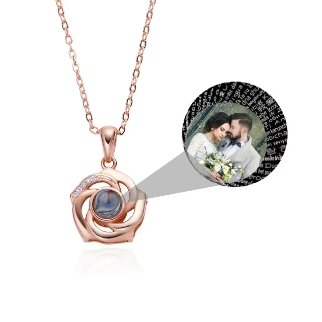 Customized Photo Name Trendy Rose Flower Shape Crystal Necklace Personalized Pendant Jewelry