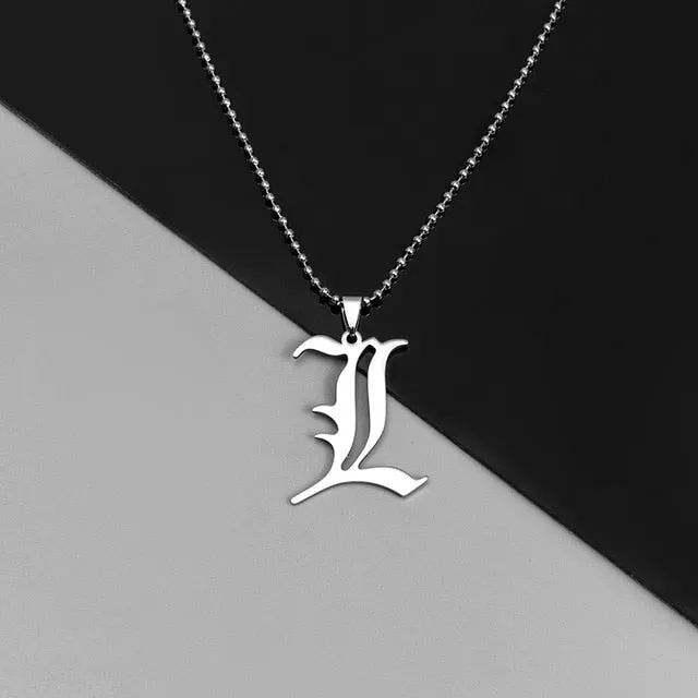 Death Note L Lawliet Necklace Stainless Steel Old English Letter Pendant Beads Chain Necklaces Cosplay Jewelry Accessories