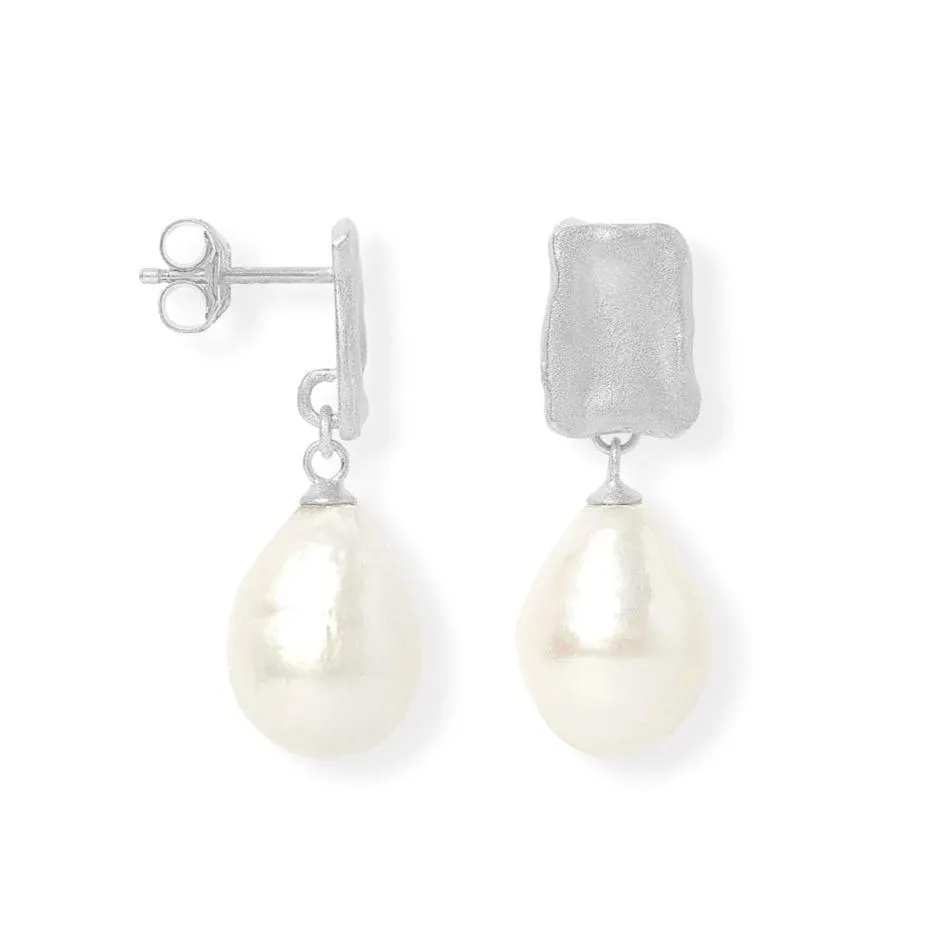 Decus silver stud earrings with large baroque cultured freshwater pearl drop earrings