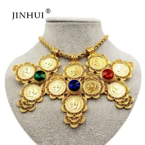 Dubai New Fashion jewelry Gold Color chain length 50cm Pendant custom Necklace Women/Men 1913 Head portrait Coin blue red stone