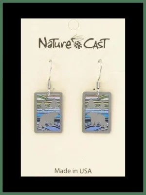 Earrings Dangle Rectangle With Bear and Blue Landscape