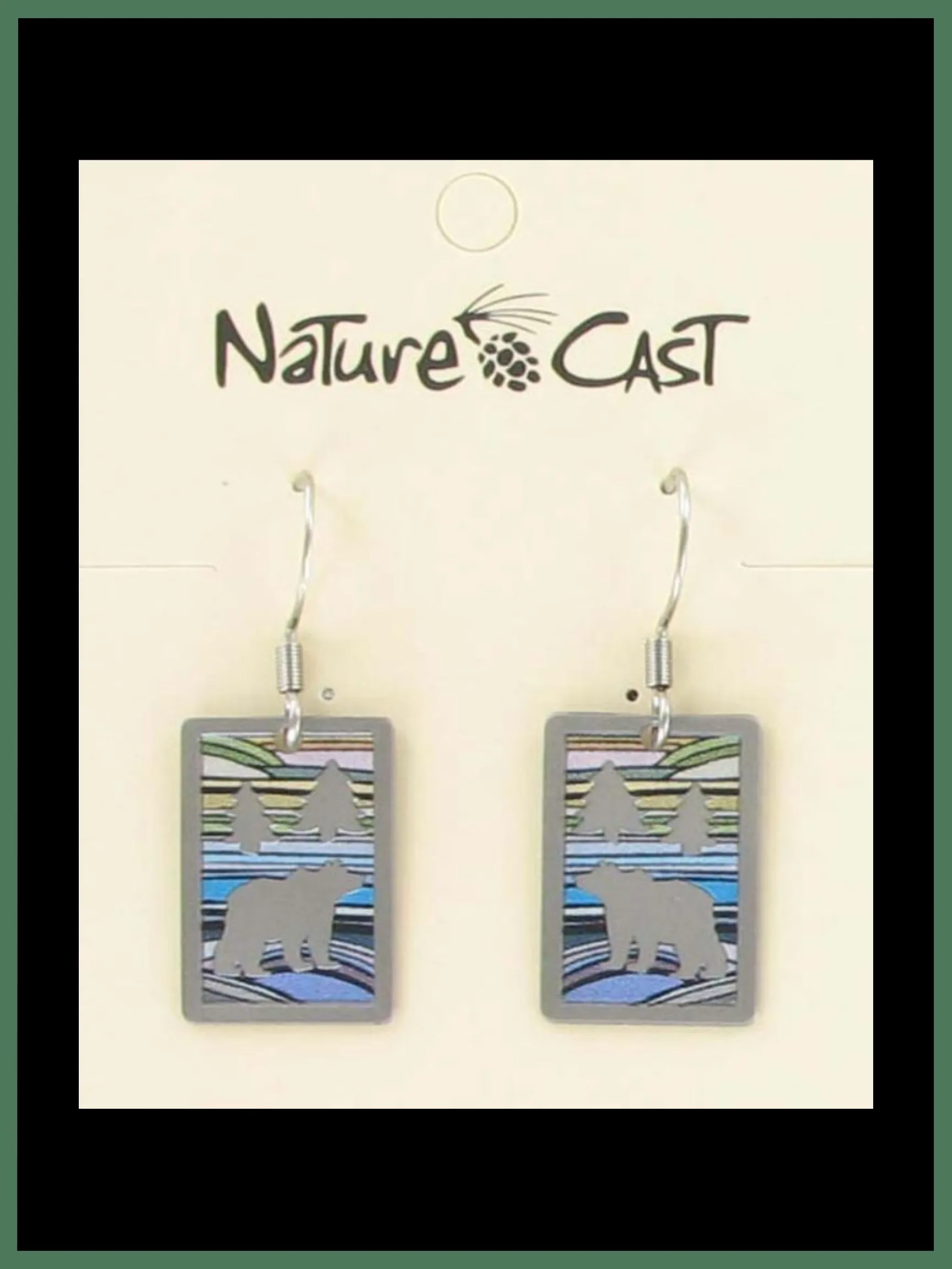 Earrings Dangle Rectangle With Bear and Blue Landscape