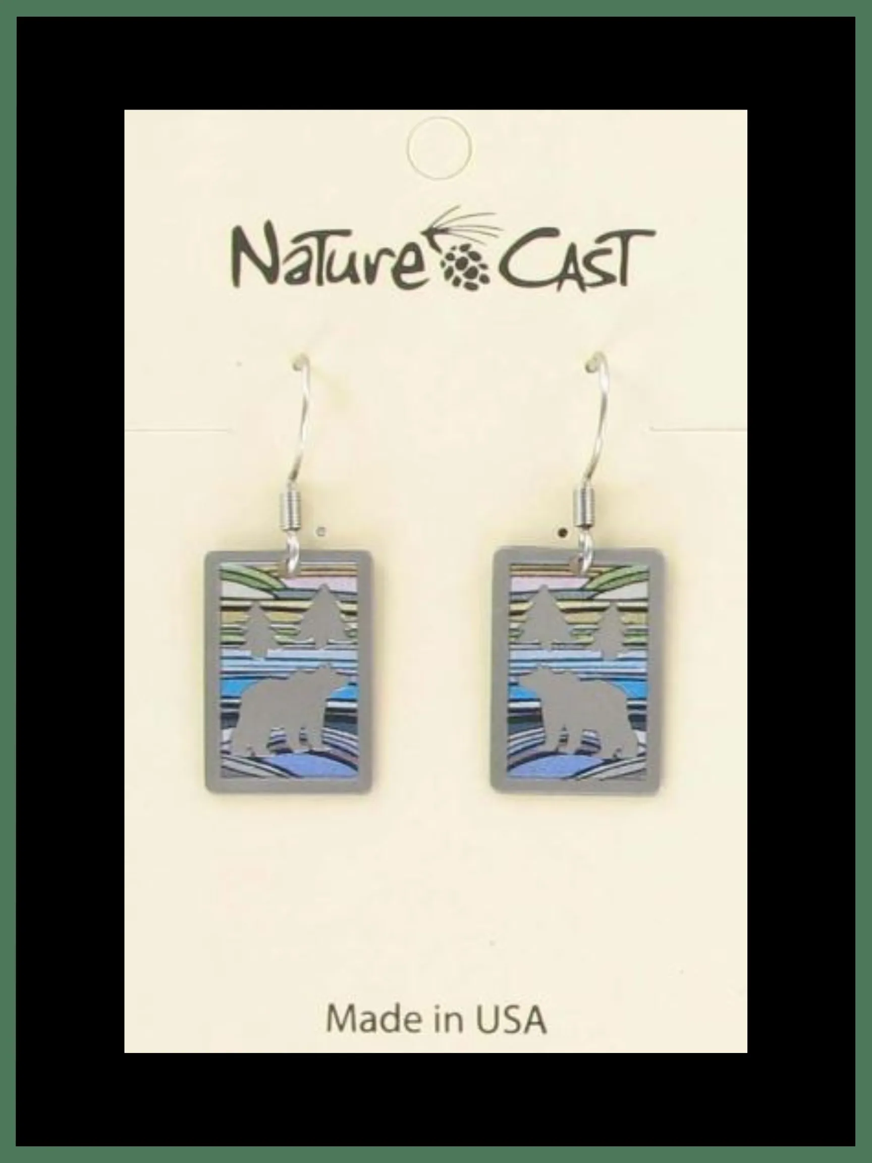 Earrings Dangle Rectangle With Bear and Blue Landscape