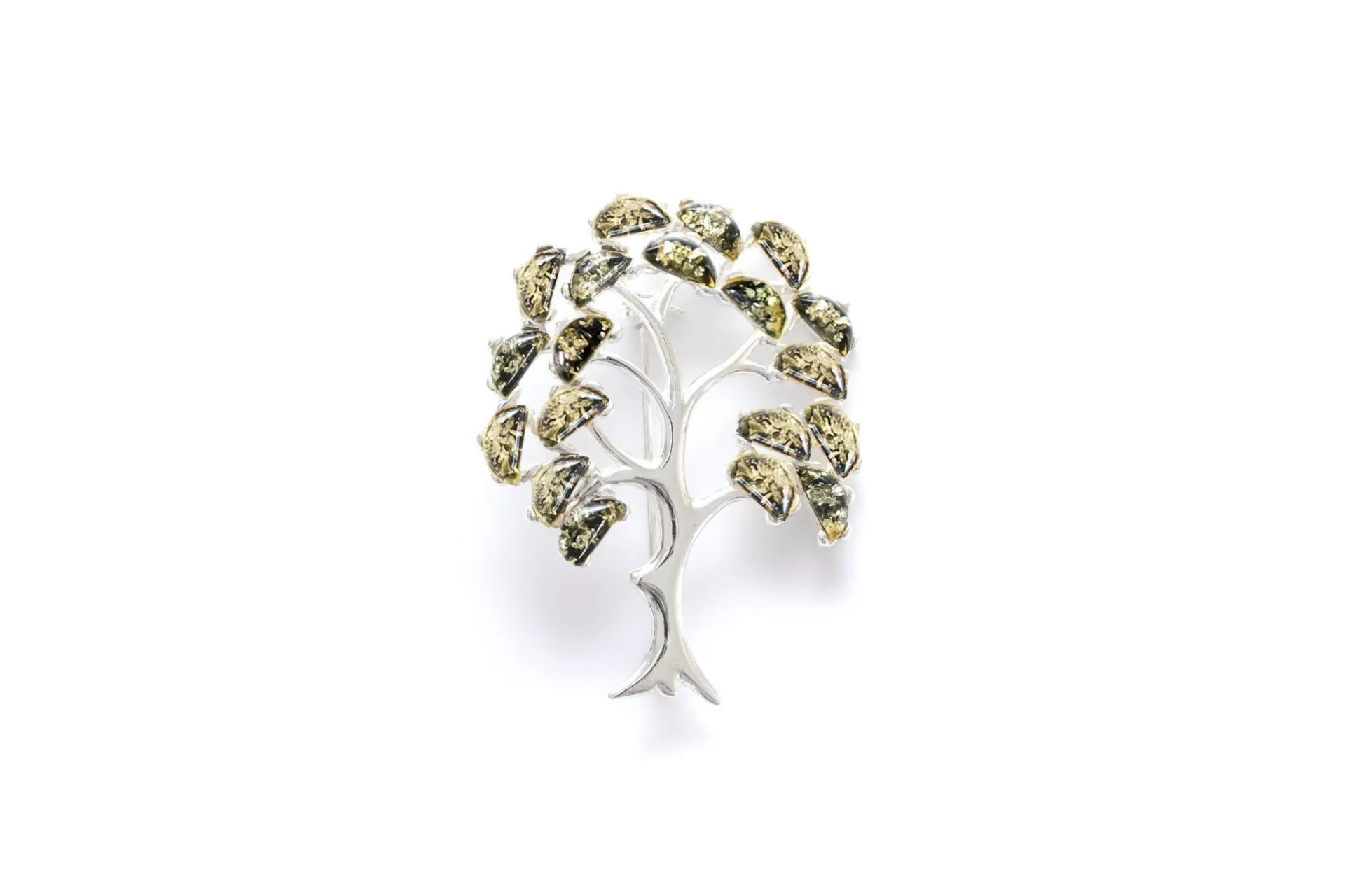 Elegant Green Amber Tree of Life Brooch in Sterling Silver - Artisan Crafted with Baltic Amber Gemstones