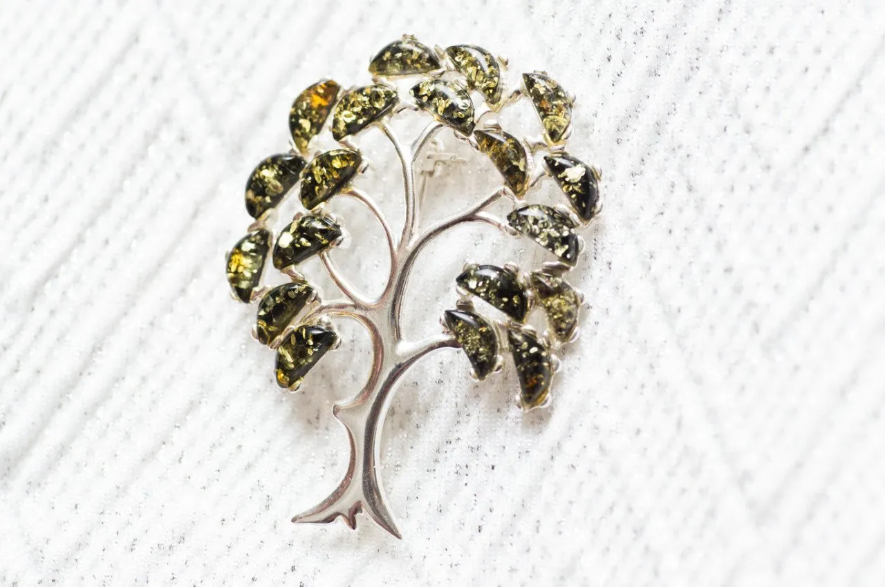 Elegant Green Amber Tree of Life Brooch in Sterling Silver - Artisan Crafted with Baltic Amber Gemstones