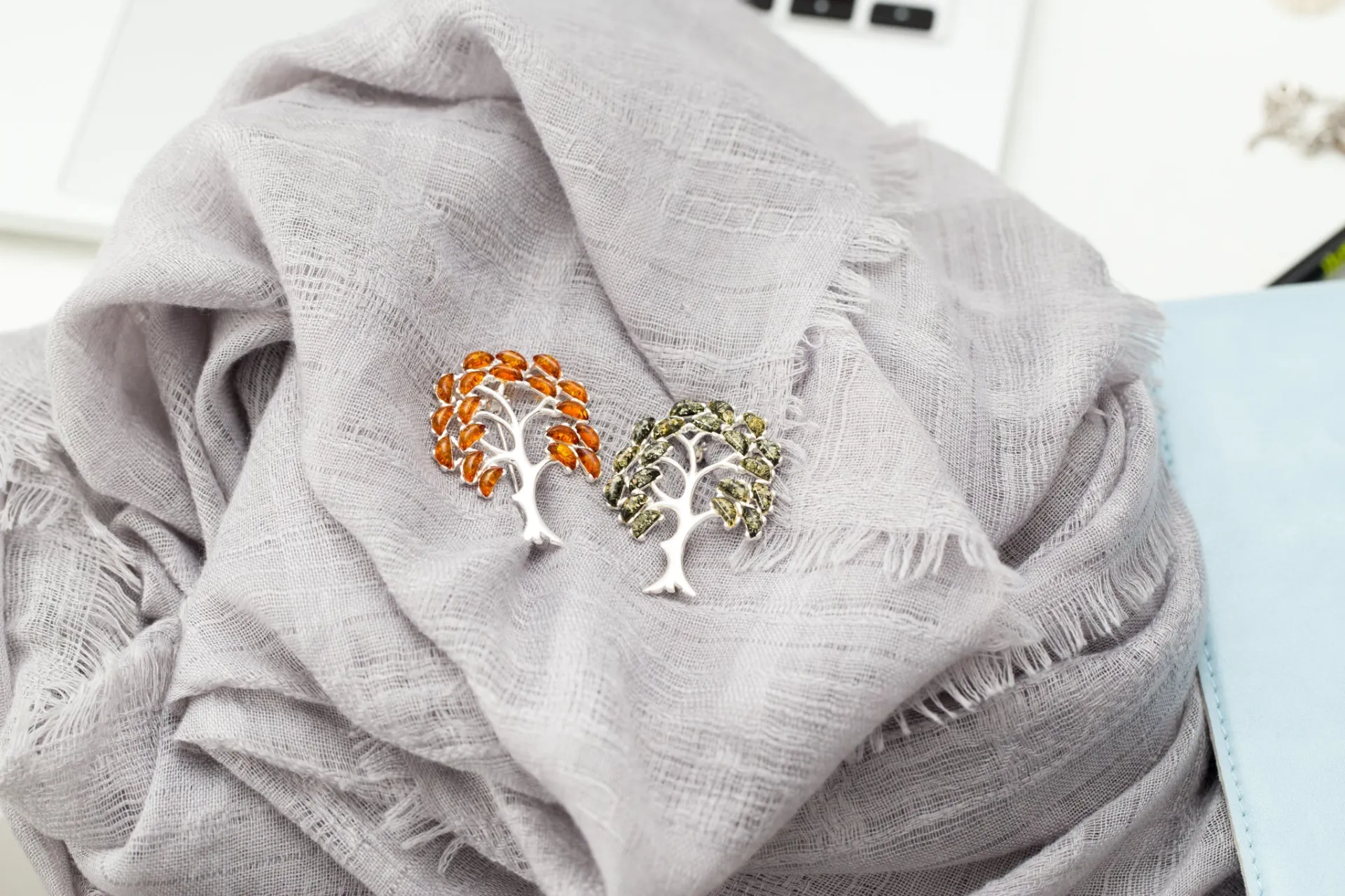 Elegant Green Amber Tree of Life Brooch in Sterling Silver - Artisan Crafted with Baltic Amber Gemstones