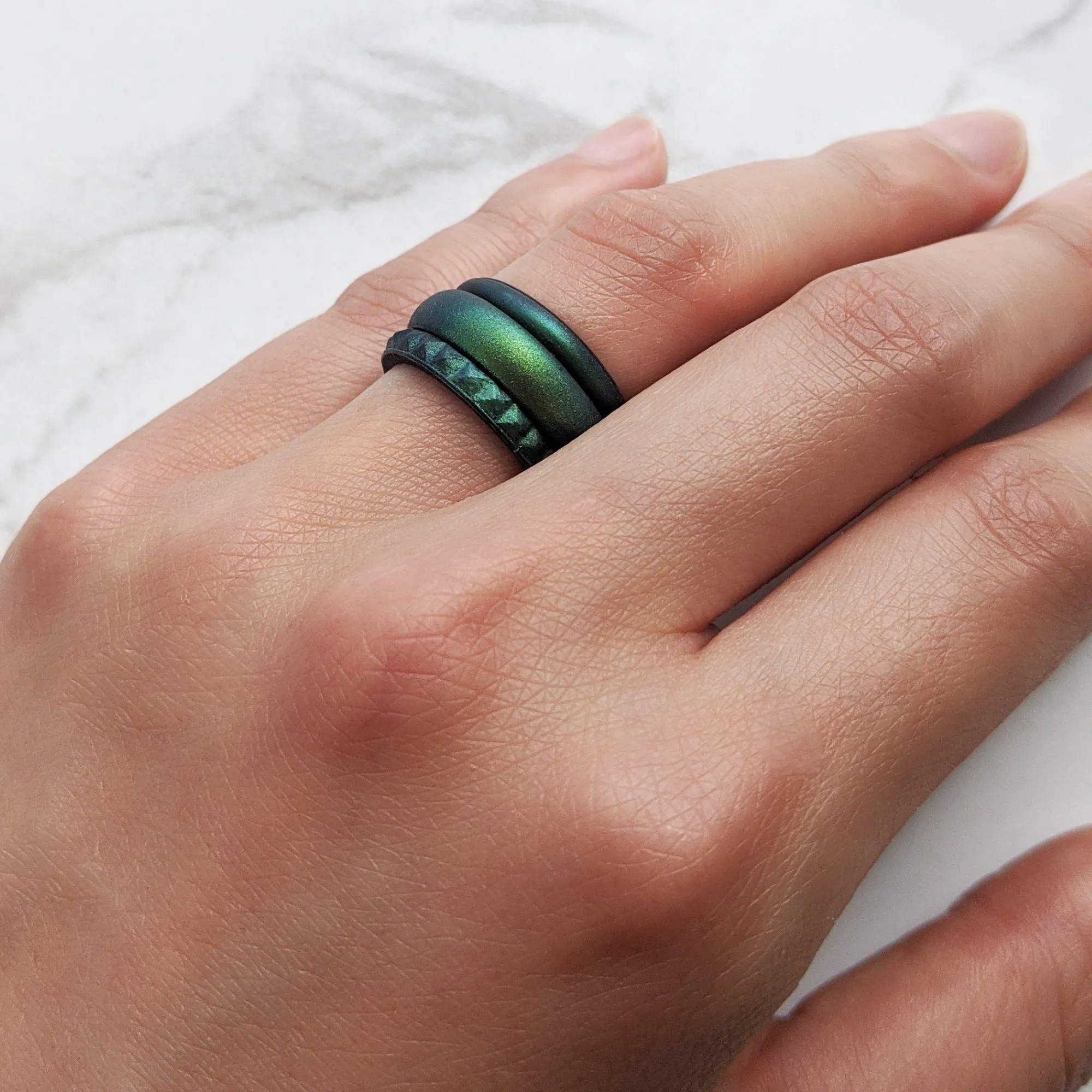 Enchanted Green Pyramid Stackable Slim Thin Silicone Ring for Women