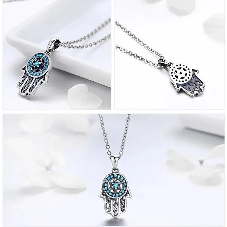 Genuine 925 Sterling Silver Trendy Fatima's Guarding Hand Pendant Hamsa Lucky Necklaces for Women Fine Jewelry Gift