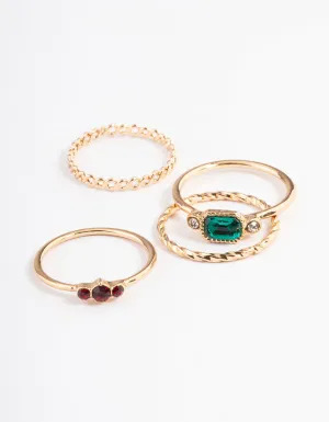 Gold Emerald & Round Stone Ring 5-Pack