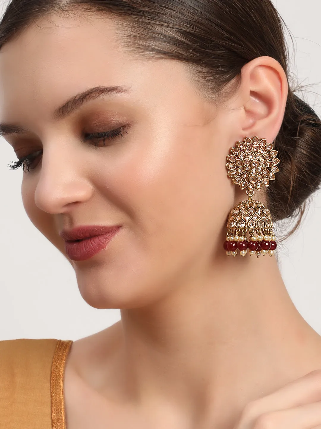 Gold-Toned & Ad Studed Marron Beaded Contemporary Jhumkas