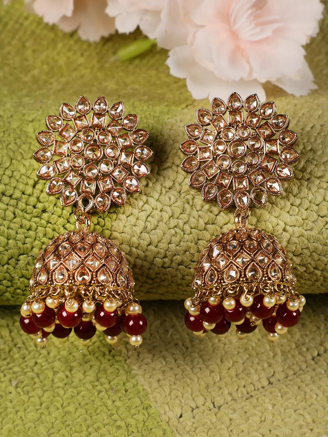 Gold-Toned & Ad Studed Marron Beaded Contemporary Jhumkas