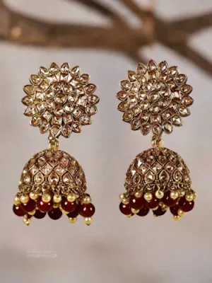 Gold-Toned & Ad Studed Marron Beaded Contemporary Jhumkas