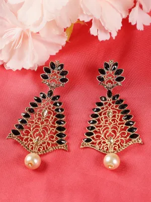 Gold Toned & Black Kundan Studded Contemporary Drop Earrings