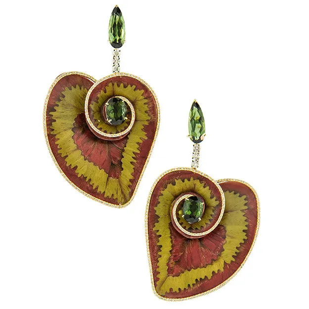 Green and Purple Botanical Marquetry Leaf Earrings