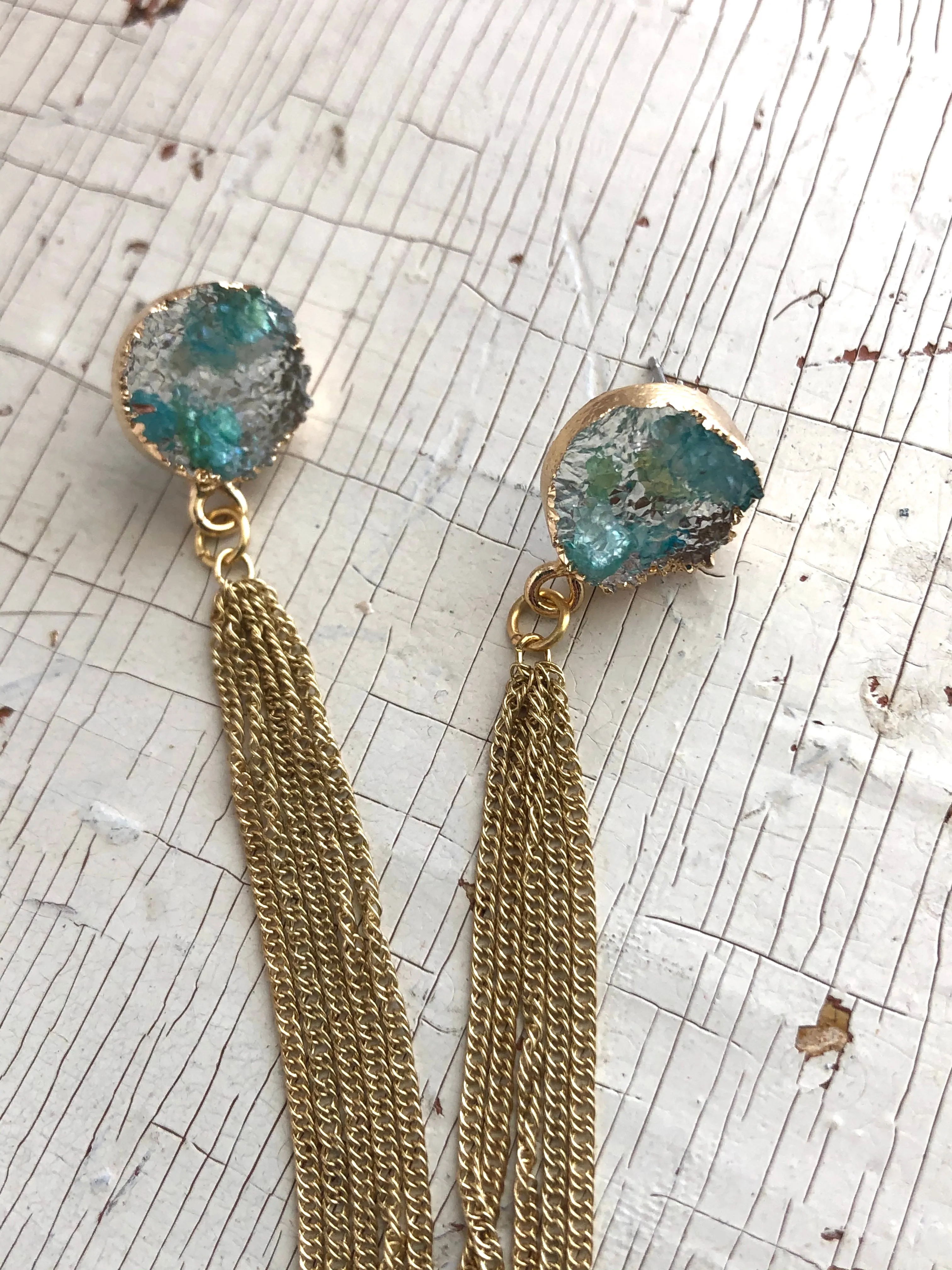 Green Druzy Resin Waterfall Drop Earrings