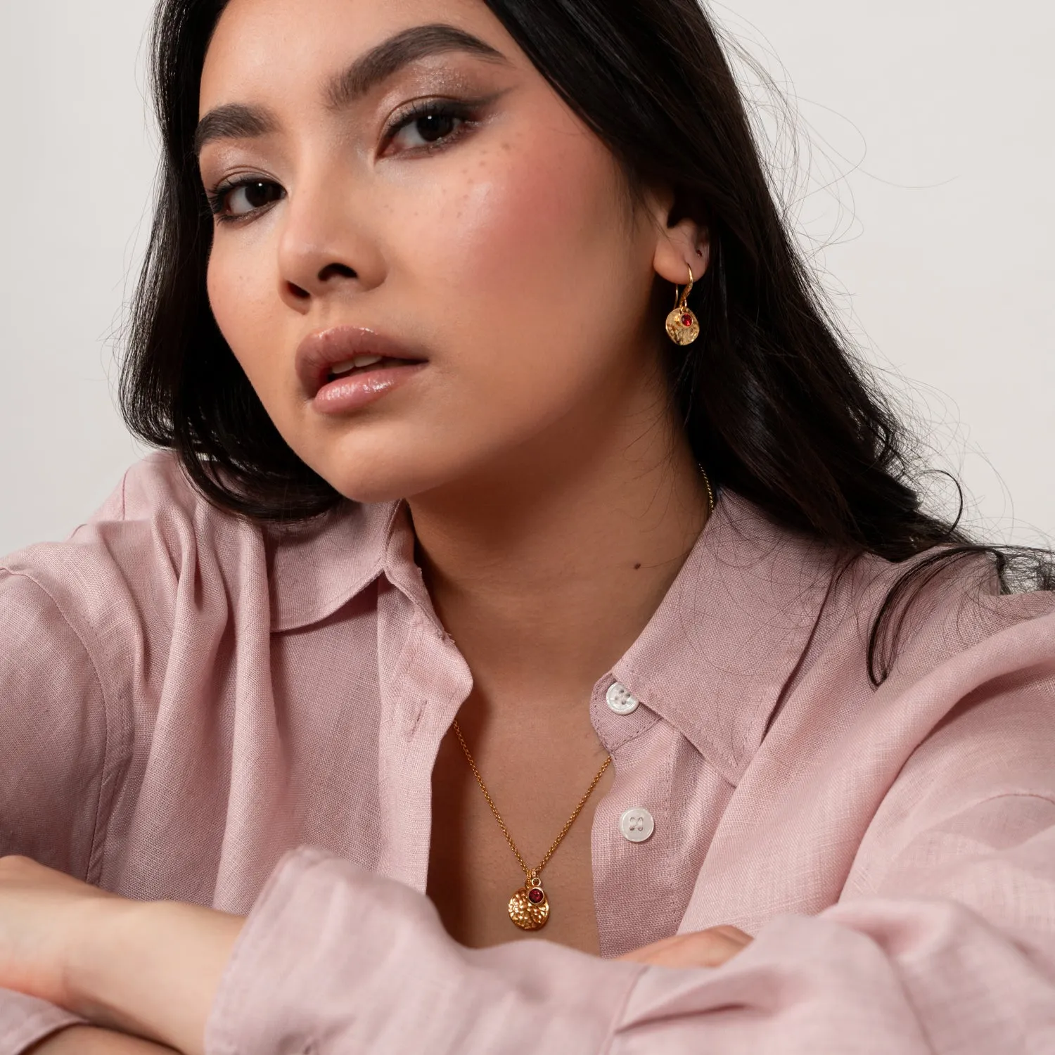 Hammered Disc & Garnet Array Drop Earrings