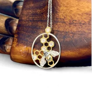 Handmade Sterling Silver Bee on Honeycomb Pendant