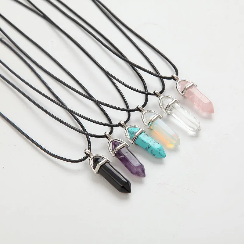 Hexagonal Column Natural Crystal Pendant Leather Chains Necklace