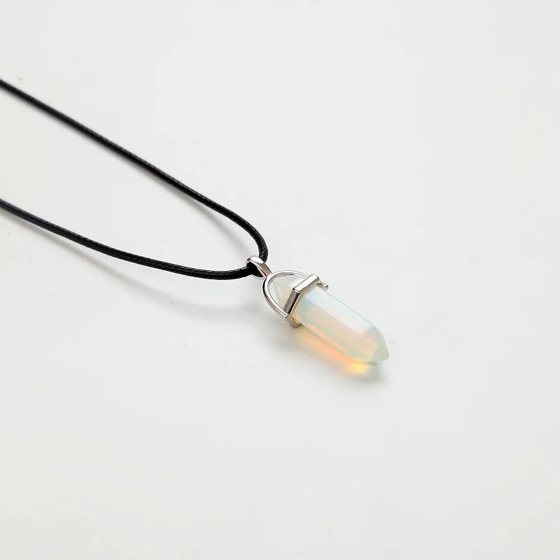 Hexagonal Column Natural Crystal Pendant Leather Chains Necklace