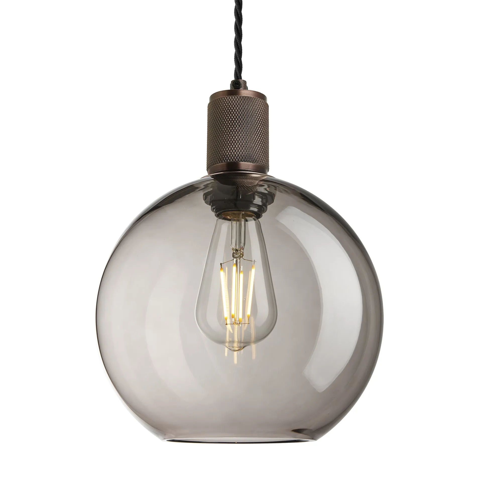 Knurled Smoked Glass Globe Pendant Light - 9 Inch - Mocha