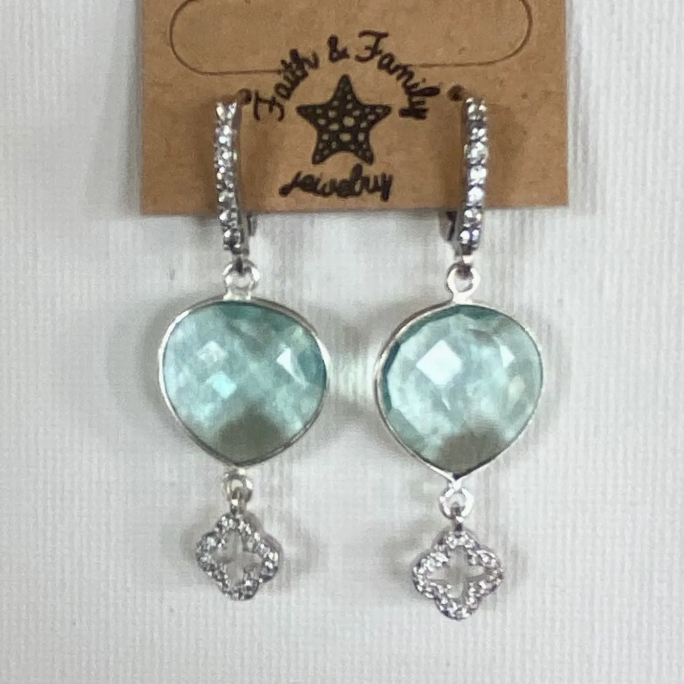 Large Blue Topaz Pave Double Drop Quatrefoil Earrings