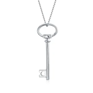 Large Oval Key Shape Pendant Necklace in Sterling Silver 18 Inch Chain