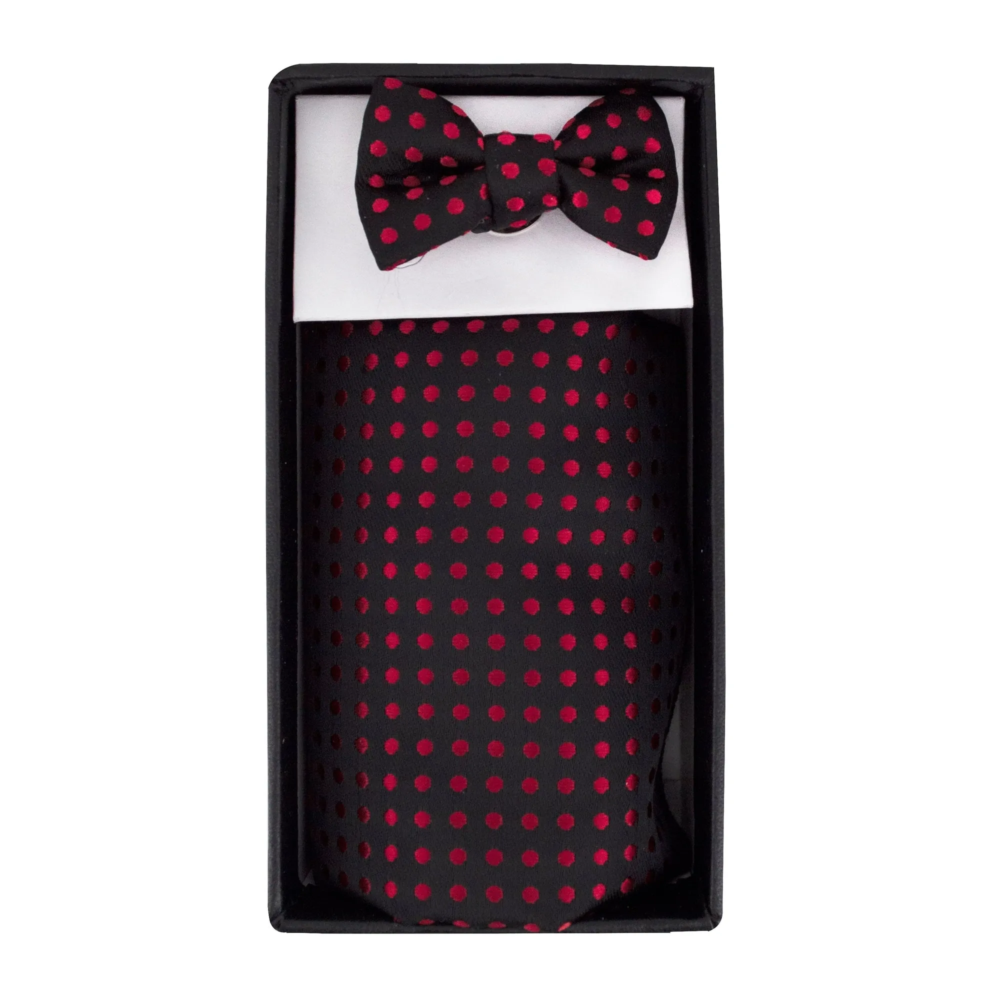 MarZthomson Bow Tie shaped Lapel Pin and Pocket Square Set in Black with Red Polka Dot