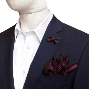 MarZthomson Bow Tie shaped Lapel Pin and Pocket Square Set in Black with Red Polka Dot