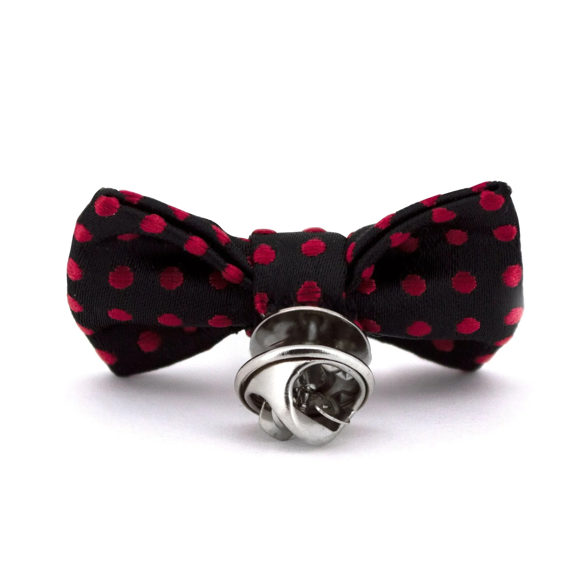 MarZthomson Bow Tie shaped Lapel Pin and Pocket Square Set in Black with Red Polka Dot