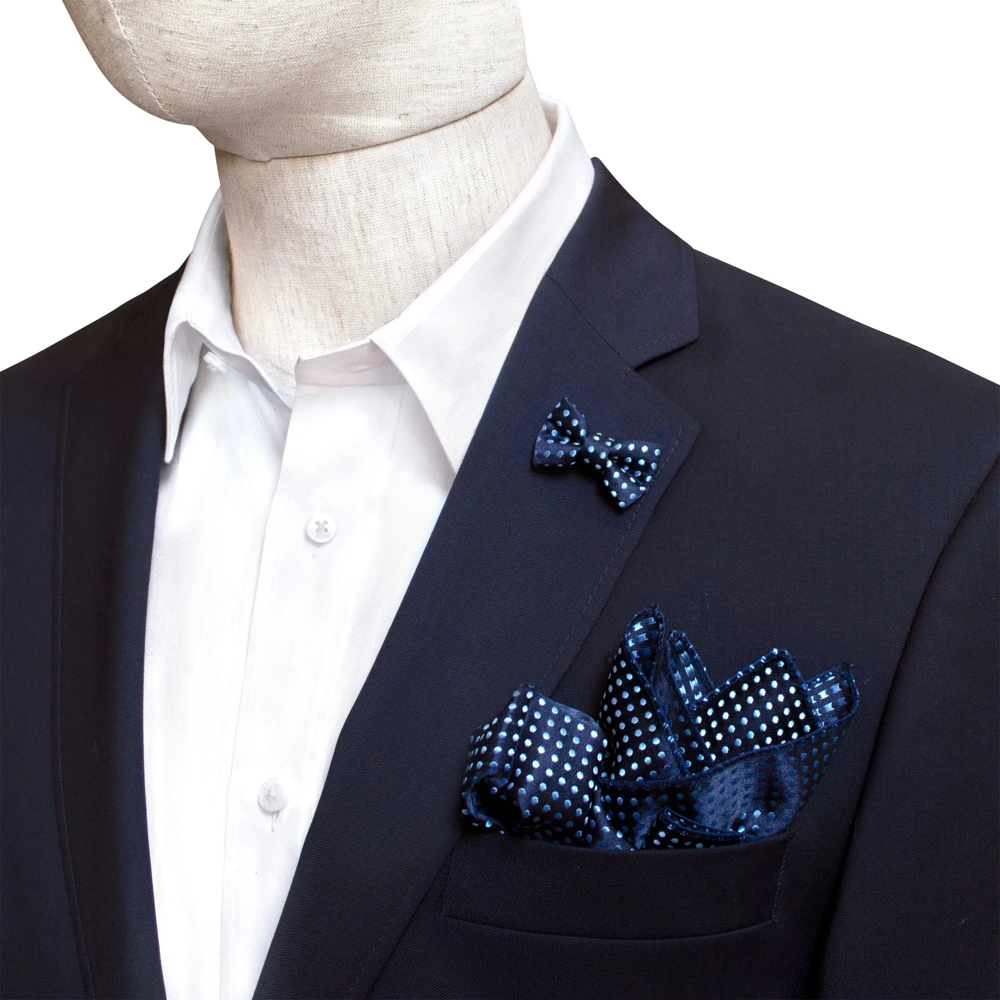 MarZthomson Bow Tie shaped Lapel Pin and Pocket Square Set in Blue with Light Blue Polka Dot