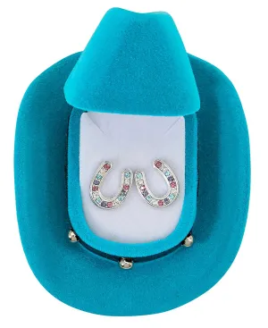 Multi Colored Horseshoe Earrings with Blue Cowboy Hat Box