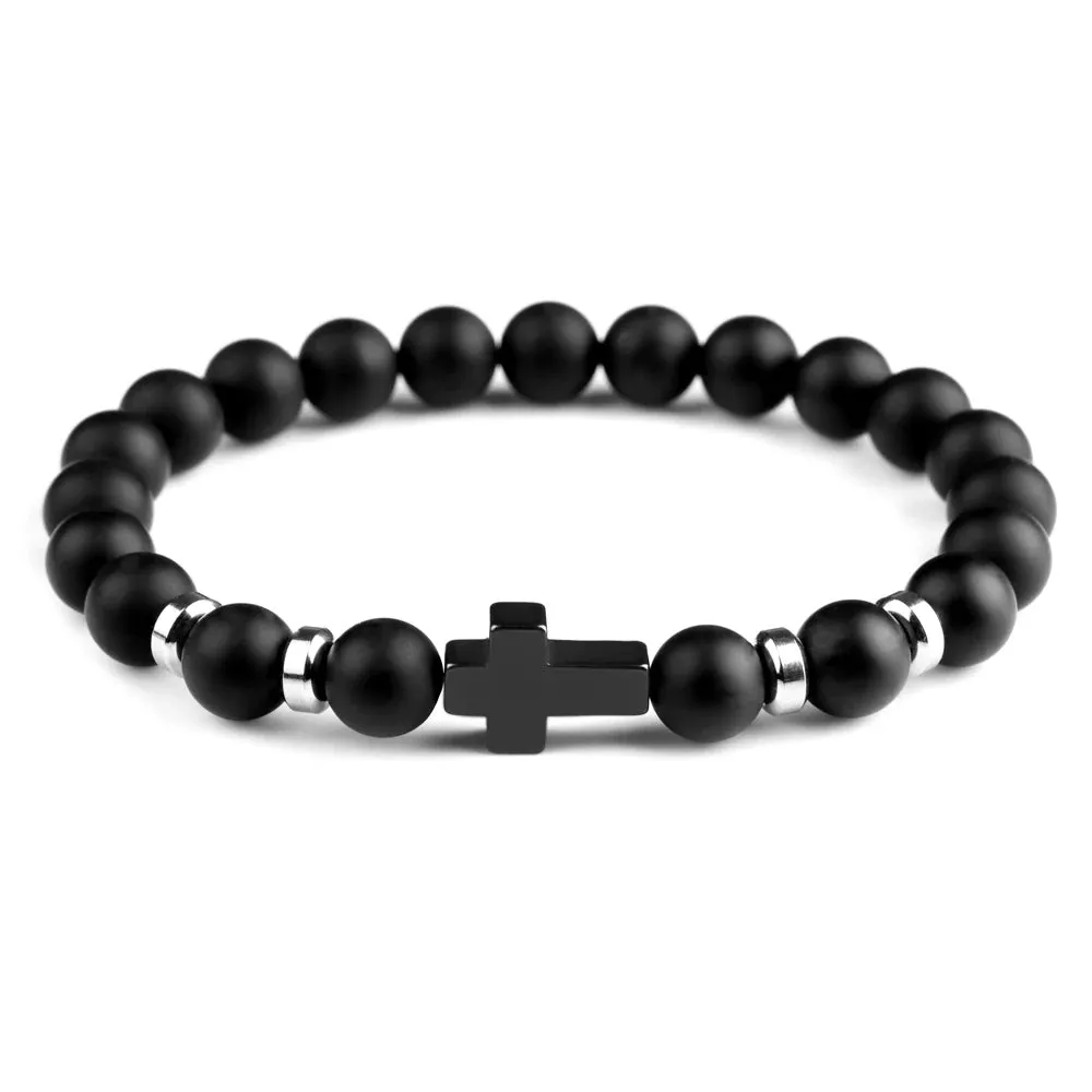 Natural Stone Cross Bracelets Hematite Stainless Steel Cross Elastic Rope Map Lava Bead Bracelet For Men Women Charm Jewelry