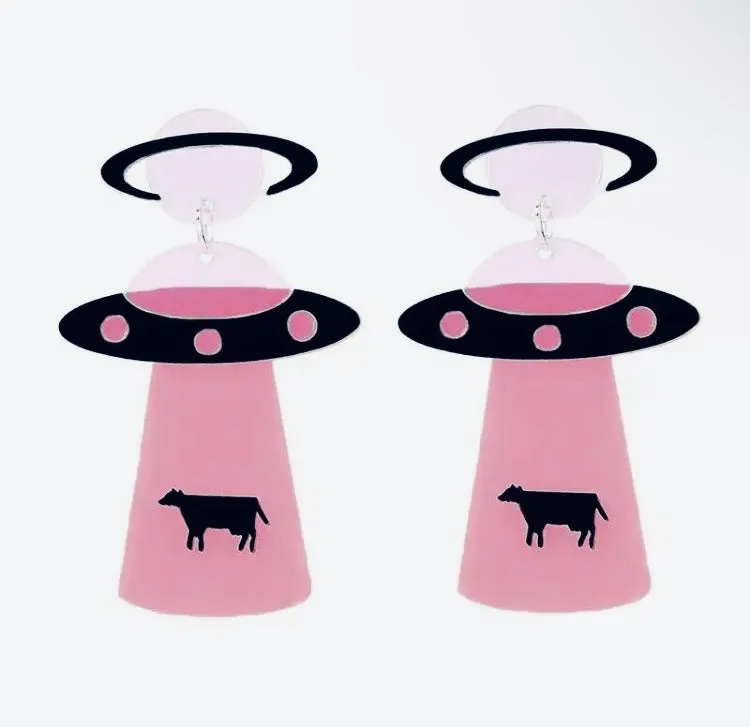 Neon Pink UFO Post Drop Earrings