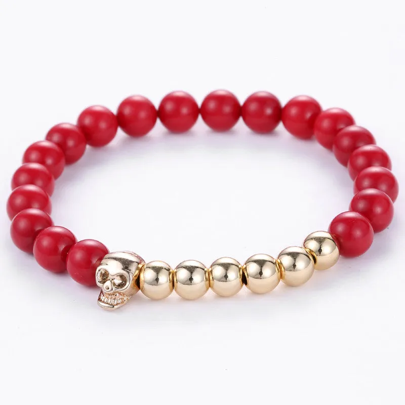 New Design 8MM Red Coral Natural Agate Stone Bracelets Skull Charm Bracelets For Men Jewelry Gift Strand Bracelets